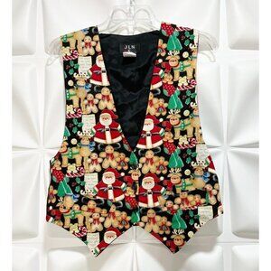 JLN USA Sz M Womens Christmas Tuxedo Vest Santa Reindeer Print Red Black Green